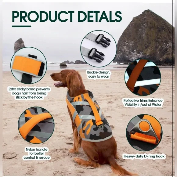 NWT- Dog Life Jacket, High Visibility Ripstop, Adjustable size L, OrangeCamo - Picture 3 of 11